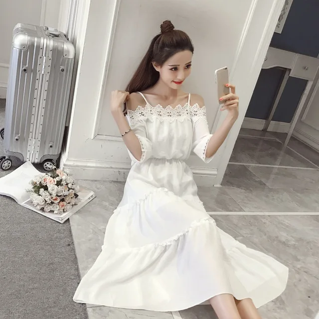 2022 New  fashion women summer beach dress  white Korean  