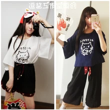 Лолита дикая секция лето японский Ветер кошка печать кимоно стиль свободная футболка половина рукава девушки досуг милый топ