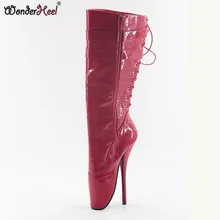 Wonderheel/Лидер продаж; Новинка; Ультра Высокий каблук 7 дюймов; Высокий каблук-шпилька; красные лакированные женские сапоги до колена; пикантные балетки на шнуровке сзади