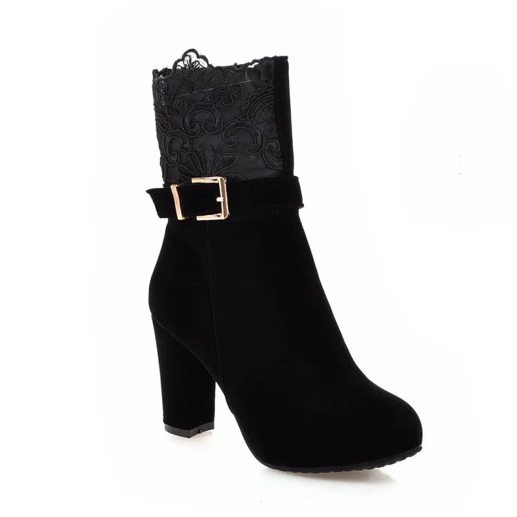 

Fashion 2018 New Autumn And Winter Lace Round Toe Chunky Heel Platform Ankle Boots Women's Black High Heels Booties