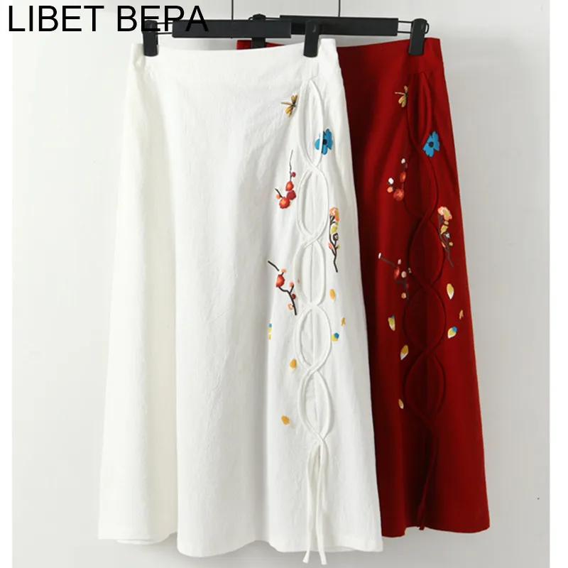 

New Arrival 2018 Spring Summer Women Midi A-Line Vintage FLoral Embroidery Tribal Ladies Long Skirt High Waist Big Hem SK726