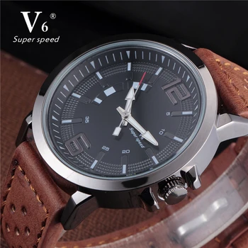 

Hot Fashion Watches Men Quartz Watch Hour Clock Man Brown Leather Band Military Army Sport Waterproof V6 Wristwatch Male Relogio