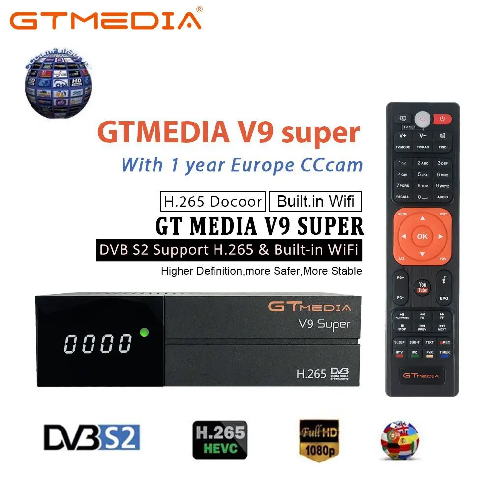 

GTMedia V9 Super Satellite Receiver DVB-S2/S H.265 Built-in WiFi + 1 Year Spain Europe Cccam From Freesat V8 NOVA Super Receptor