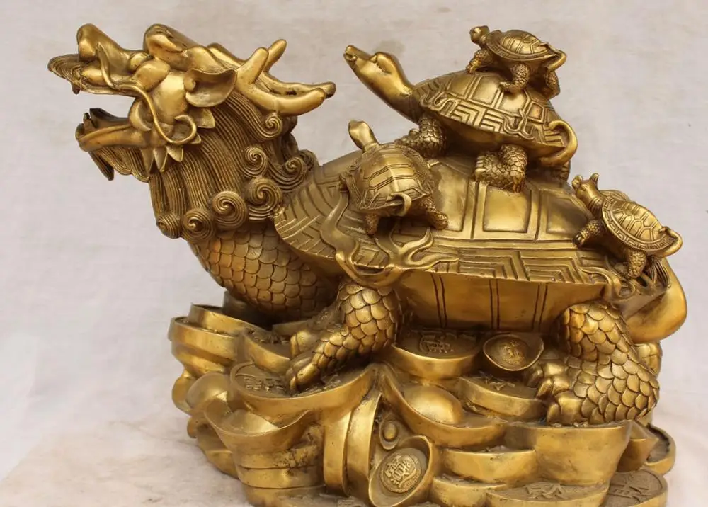 

21" Chinesse Bronze Wealth YuanBao Money Dragon Turtle tortoise Family Statue