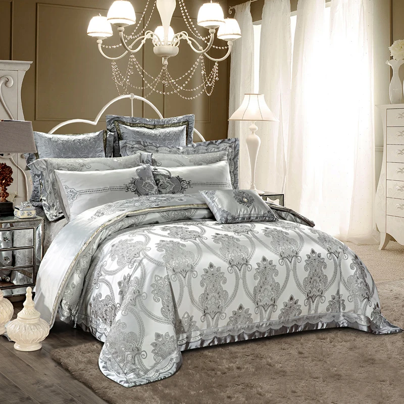 

2018 European Silver Bedding Set Silk Cotton Embroidery Jacquard Queen King Size Duvet Cover Flat Sheet Bedspread Pillowcases