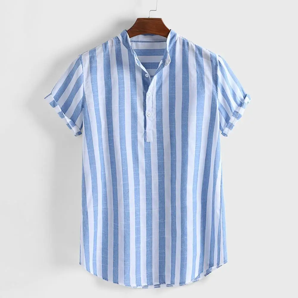 YYear Mens Cotton Linen Loose Short Sleeve Contrast Button Up Shirt