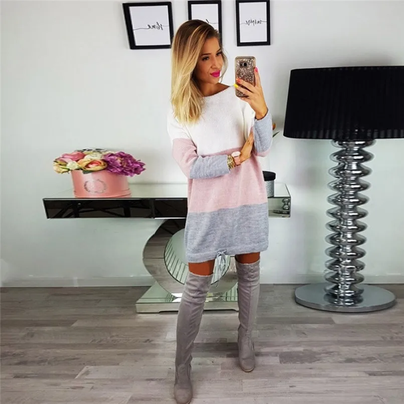 Womens Sweater Dress Ladies O Collar Knitted Casual Striped Loose Dress Long Sleeve Party Dress Vestidos Feminin #F#40SP27 7