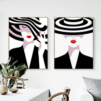 

Nordic Minimalist Red Lips Girl Canvas Paintings Black and White Striped Hat Poster Print Wall Art Pictures Girls Bedroom Decor