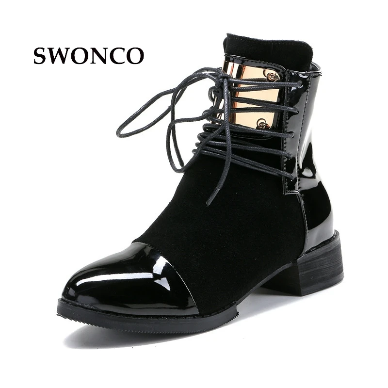 

SWONCO Women's Winter Boots Fashion Metal Decoration PU Leather Ladies Shoes Womens Boots Winter Snow Boot Girl Shoes
