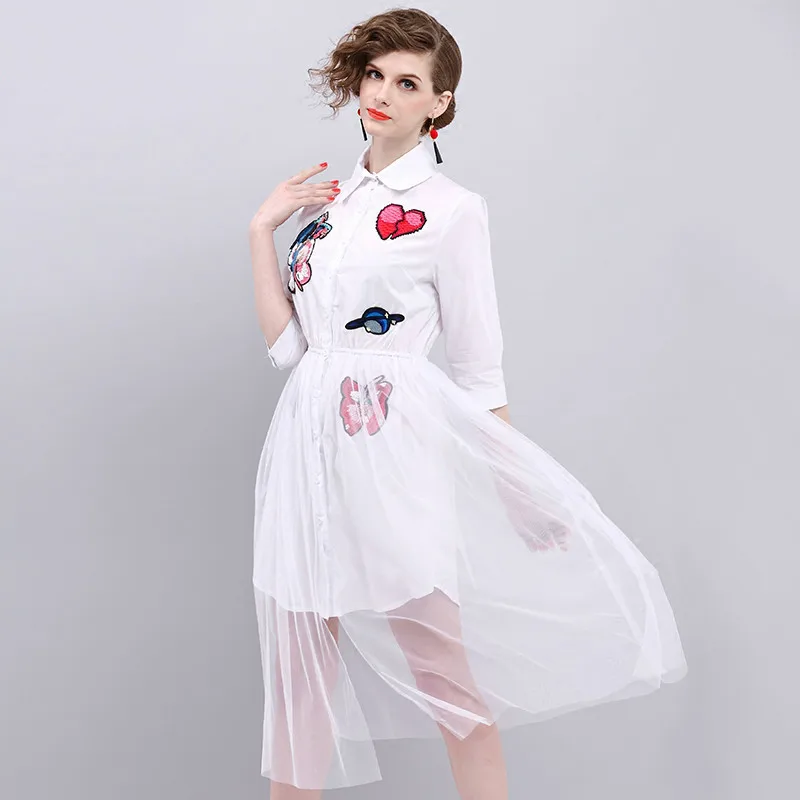 Buy Cheap European Style Gauze Splicing Long Summer Dress 2017 New Beading Embroidery Lapel 3/4 Sleeve White Casual Dresses