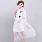 Save 12.73 on European Style Gauze Splicing Long Summer Dress 2017 New Beading Embroidery Lapel 3/4 Sleeve White Casual Dresses