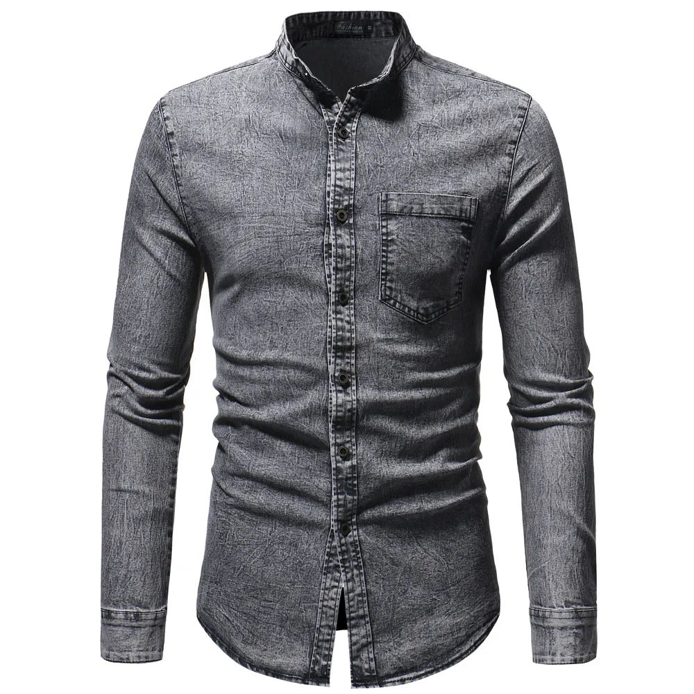 2018 New Brand Denim Jeans Shirts Men Body Pocket Casual Stand Collar