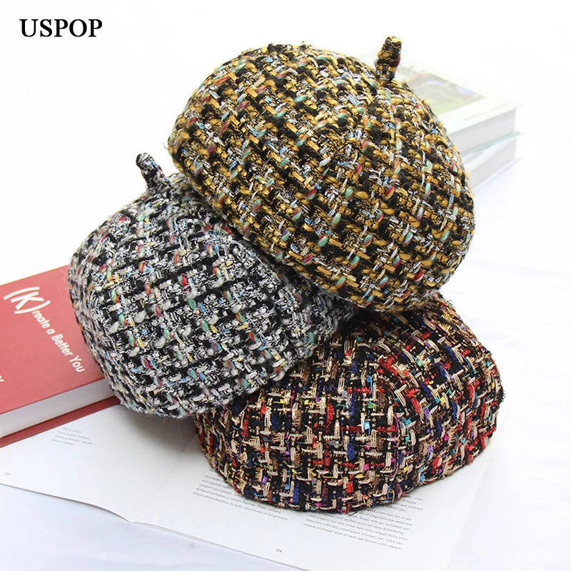 

USPOP 2019 winter hats women berets tweed mixed color plaid beret hat female thick warm vintage wool painter hat