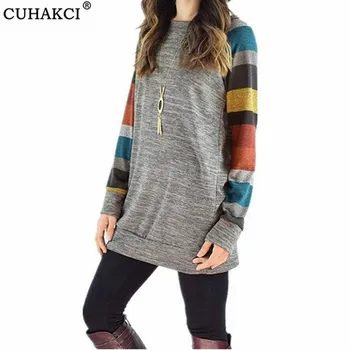 

CUHAKCI Striped Long Sleeve T Shirt O Neck Patchwrork Print Loose Spring Autumn Tee Shirt Women Casual T-Shirt Big Size Tops