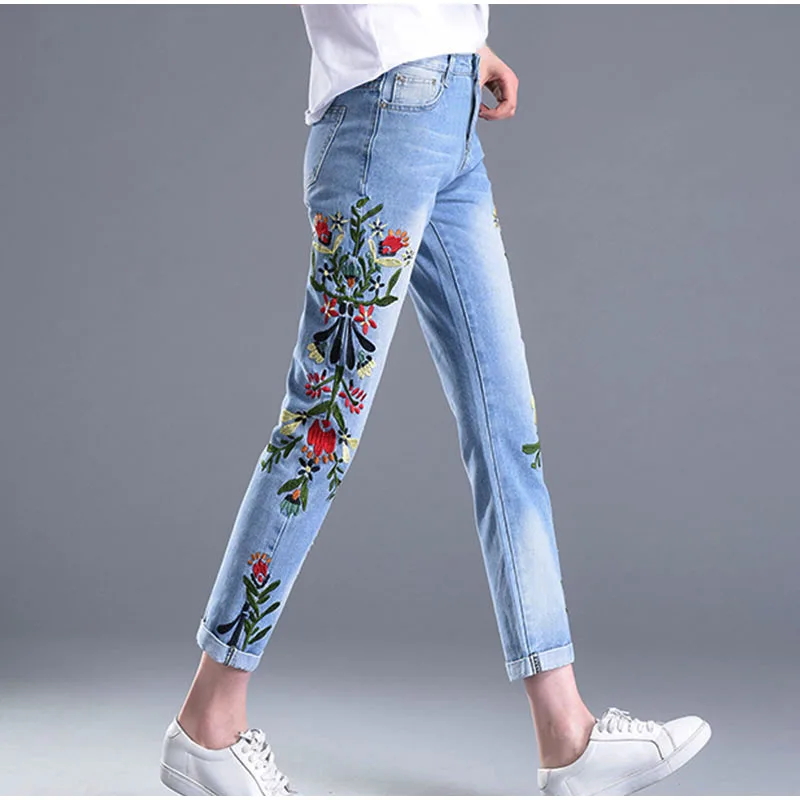 levis jeans Spring Floral Embroidery Ankle Length Jeans Women Light Blue Melody Capris Denim Pants High Waist Straight Leg Cropped Cut Jeans old navy jeans