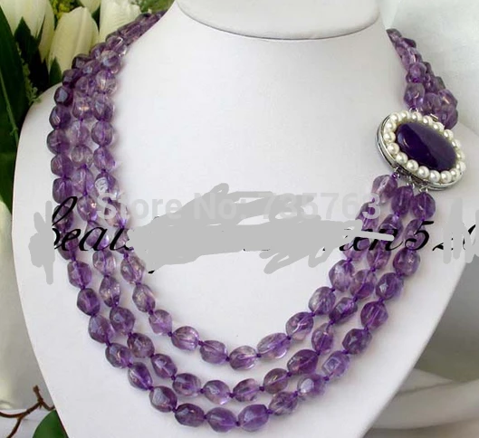 

xiuli 0014470 3strands nature amethyst crystal necklace jade clasp