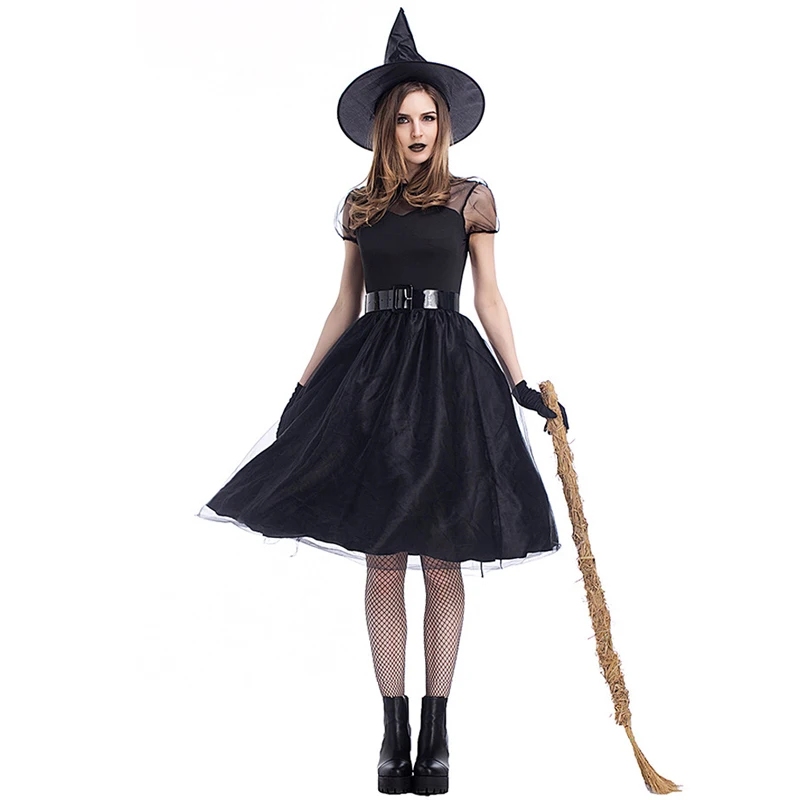 

H&ZY Gothic Black Yarn Witch Costume Adult Women Halloween Party Cosplay Witch Dress Sexy Fancy Magician Performances Dress