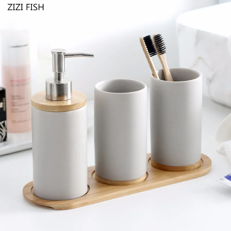 Керамический набор аксессуаров для ванной комнаты, матовый диспенсер для мыла/держатель для зубной щетки/стакан/мыльница с бамбуковым поддоном для хранения ванной