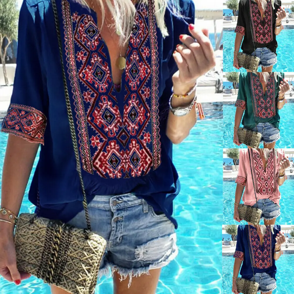

Women Half Sleeve Casual V Neck Tops Loose Floral Tee T-Shirt Summer Print Boho Tops T-shirts Fashion