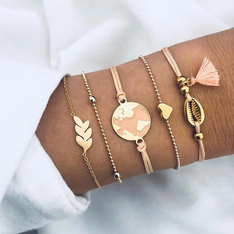 

5 Pcs/Set Gold Link Chain Starfish World Map Charm Bracelet for Women Moon Sea Shell Forever Love Hand Charm Bracelet Bangle Set