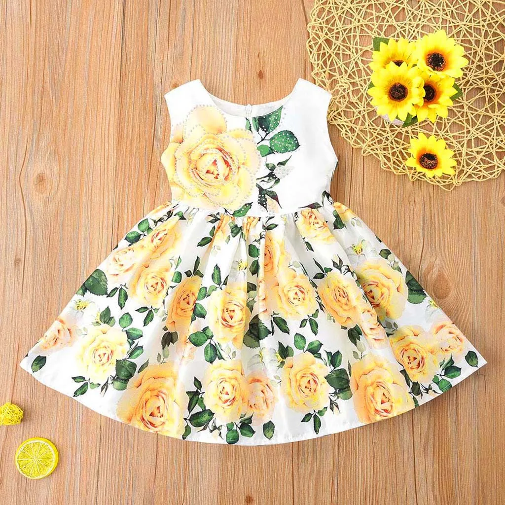 

flower yellow girl dresses sleeveless fashion children dress girls summer dress 2 years casual beach dress#G8