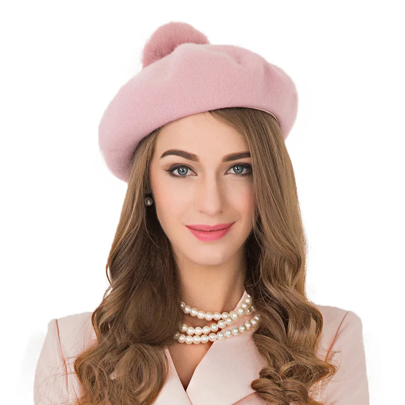 FS розовый берет, шапка для женщин, шерстяная фетровая шапка s с помпоном, бини French Boina Gorras, плоская шапка, зимние женские шапки стюардессы - Цвет: Розовый