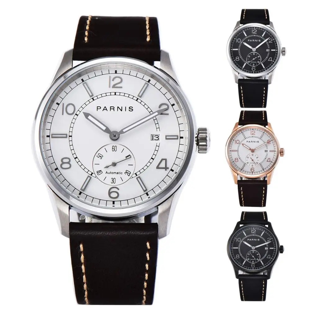 

Mens Wristwatches Luxury Brand 42mm Parnis black dial Perspective back cover leather Mechanical Automatic Mens Watch