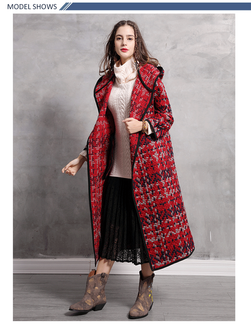 Женское пальто Yuzi. may Boho новое зимнее шерстяное пальто X-Long с капюшоном свободная открытая стежка красная куртка для женщин B9278 Xasaco Feminino