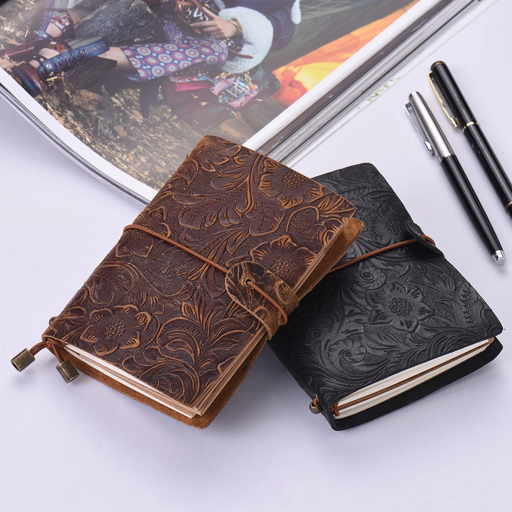 

Vintage Notebook Diary Full Grain Leather Refillable Travel Journal Embossed Flower Pattern Daily Notepad Cover Men & Women Gift