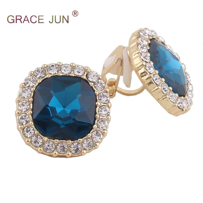 

GRACE JUN Red and Blue Rhinestone Crystal Clip on Earrings No Pierced for Women Party Wedding Luxury Bride No Hole Earrings