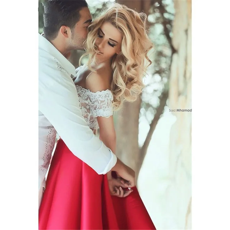 Arabic Dress Sexy С Плеча Белые Кружева Красная Юбка Два шт Короткие Платья Выпускного
