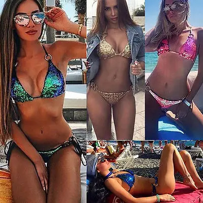 

Womens Sequin Triangle Bra Bikini Set Push Up Beach Swimwear Bathing Swimsuit 2019 New Style Bikinis Set