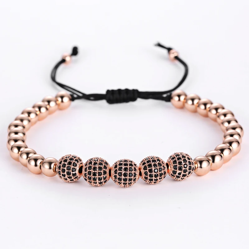 Mcllroy & Bangles Braiding Macrame Men Bracelets Pave Black 8mm CZ Ball Connector Jewelry & 6mm Titanium Steel Bracelets