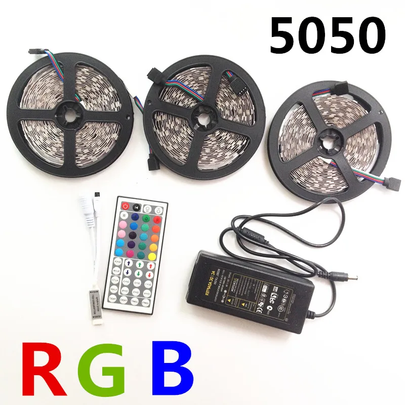 

5m10m 15m RGB LED Strip light SMD 5050 30LEDs/M Flexible Non Waterproof led tape ribbon+44keys Remote Controller+ dc12V adapter