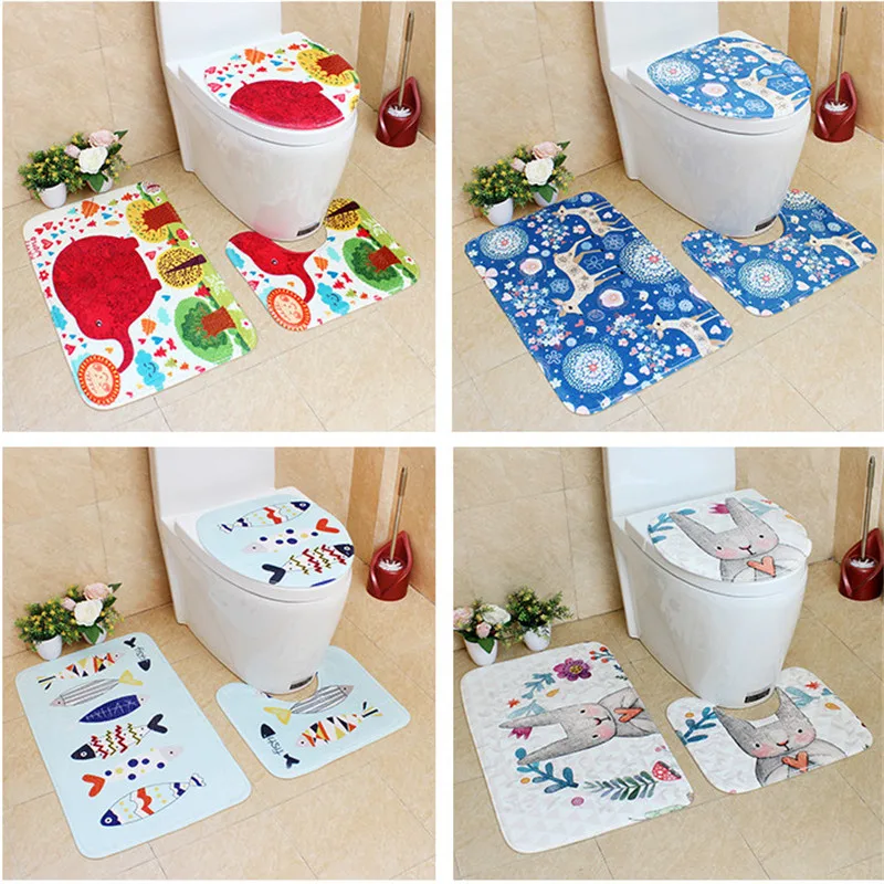 

3D Coral Fleece Bathroom Memory Foam Rug Kit Toilet Pattern Bath Non-slip Mats Floor Carpet Set Mattress for Bathroom Decor