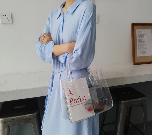 

Clear cosmetic handbag PVC vinyl plastic tote shopping bag available for custom