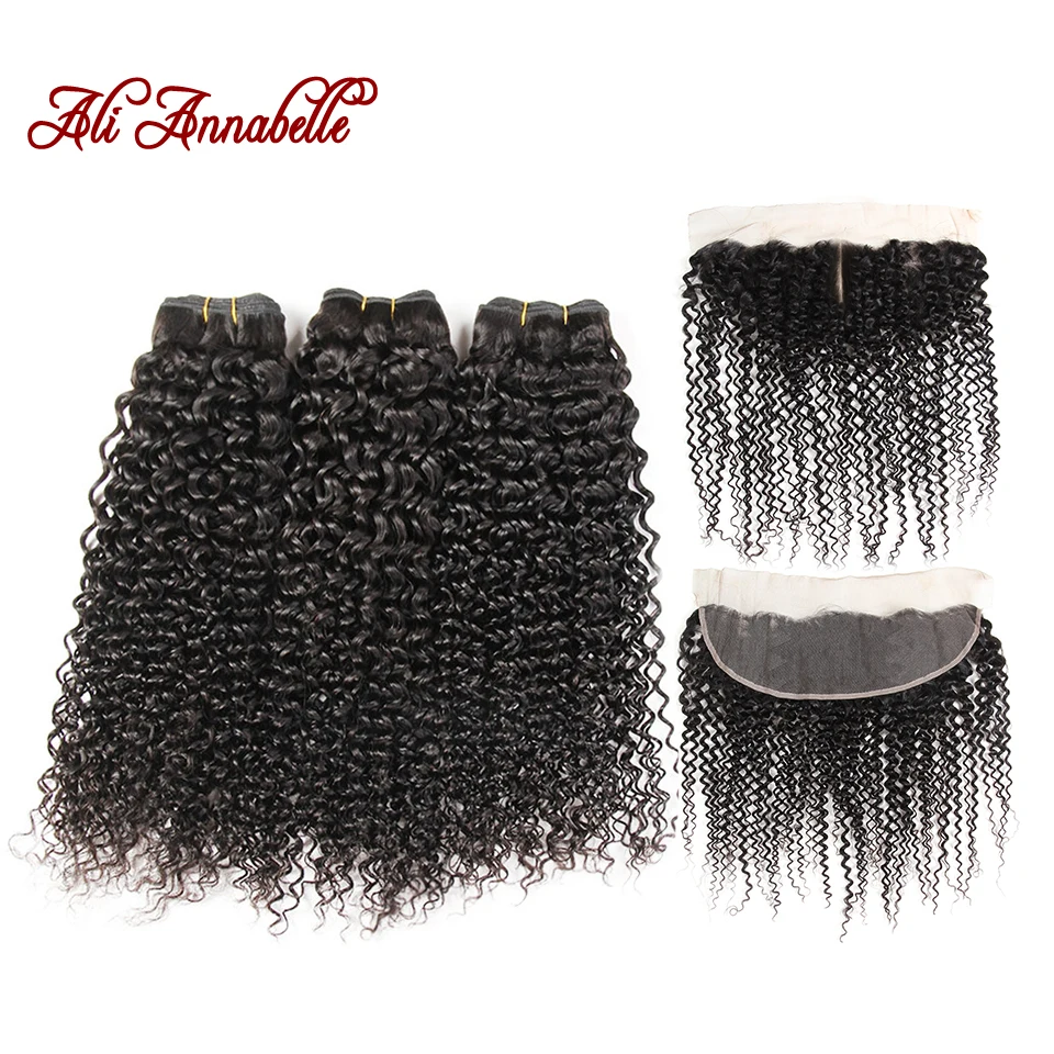 

ALI ANNABELLE HAIR Human Hair Bundles With Closure 3 Bundles Malaysian Kinky Curly Lace Frontal Closure 100% Remy Hair Weave