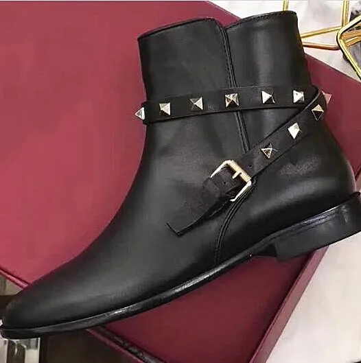 

2019 Hot Brand Design Follwwith Rivets Studs Buckles Ankle Women Boots Flats Leather Suede Slip On Shoes Woman zapatillas mujer