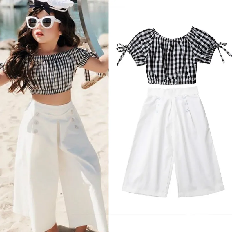 

2019 Summer Girls Clothing Set Short Sleeve Plaid T-Shirt Crop Top+Pants Baby Kid Clothes Girl Children roupas infantil meninas