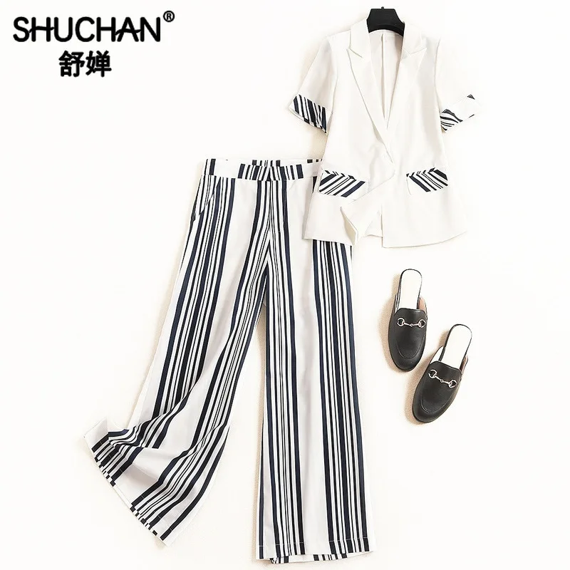 

Shuchan Summer Suit Female Blazer with Short Sleeve+ Striped Pants To Ankle-Length Two Piece Pants Set Women 2019 Summer 51537