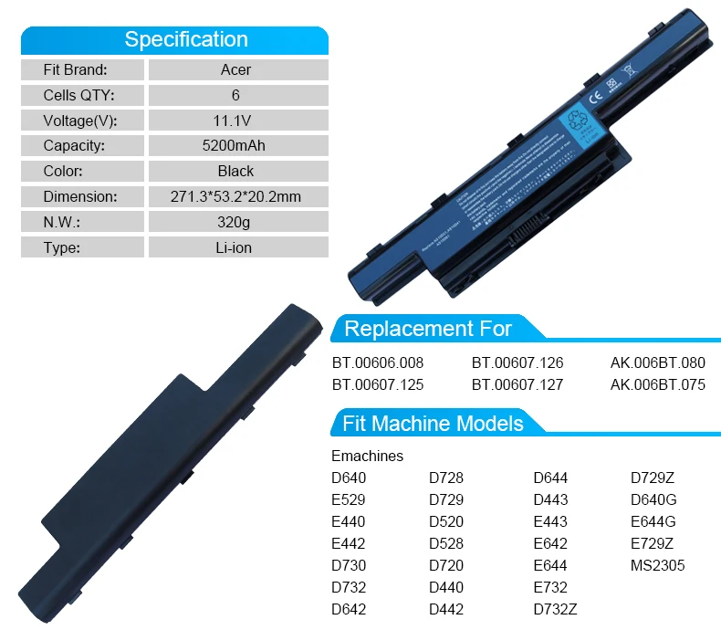 5200 мАч аккумулятор для ноутбука acer Emachines D640 E529 E440 E442 D730 D732 D642 D644 BT.00606.008 BT.00607.125