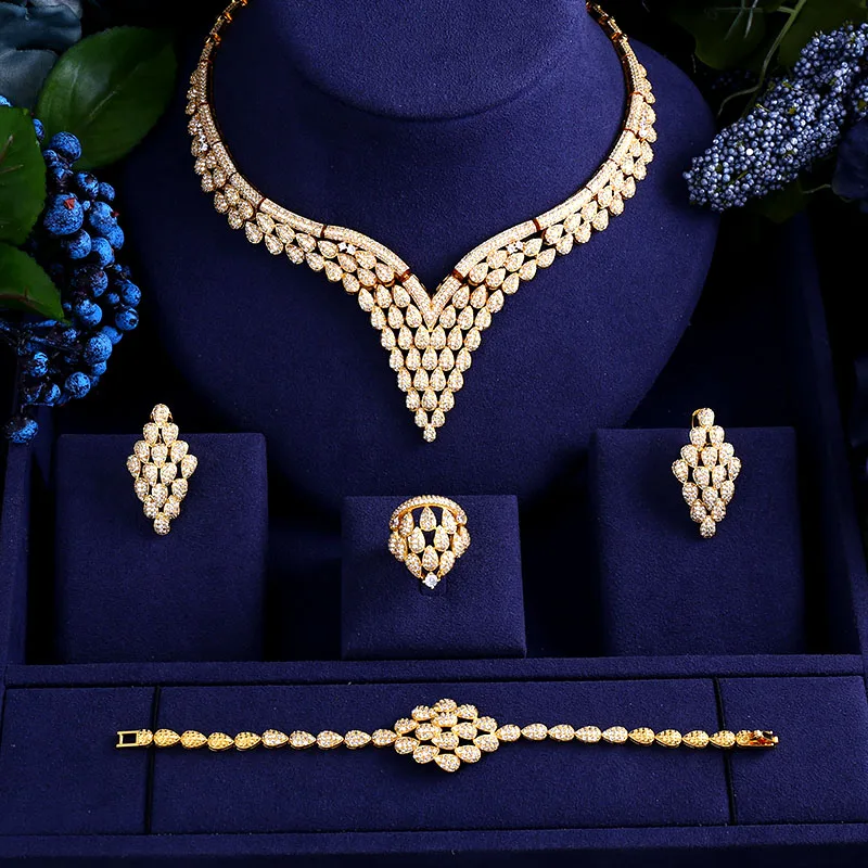 

AccKing Luxury cubic zirconia necklace bracelet earrings and ring 4pcs dubai full jewelry set for women,bridal dress dinner