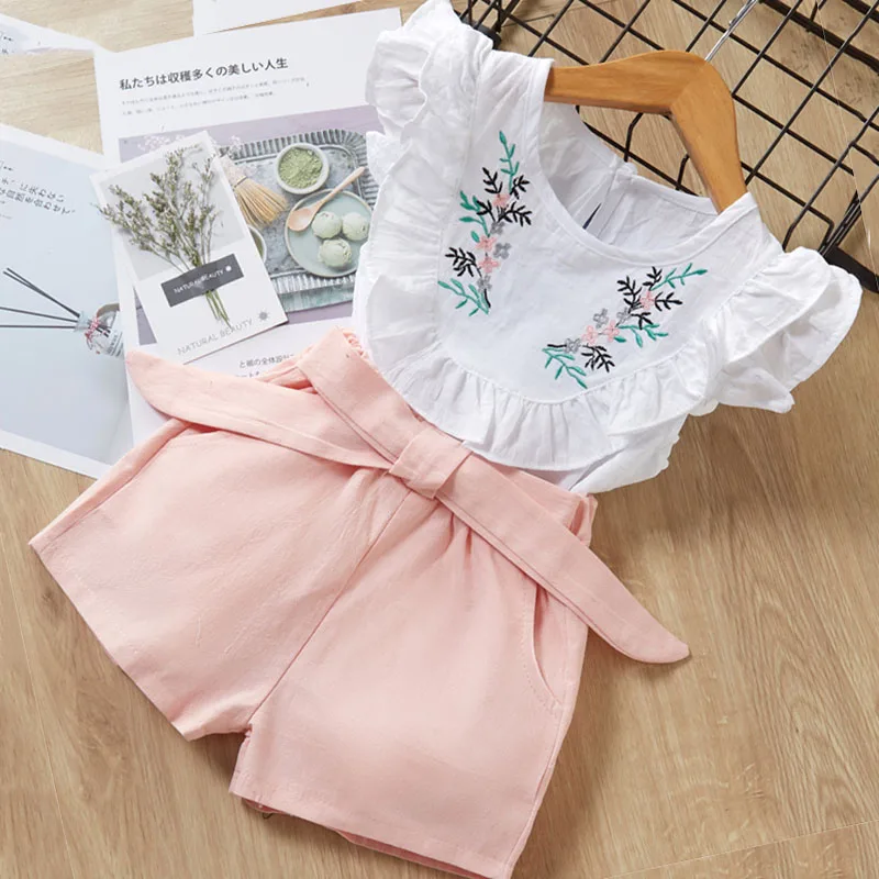 Комплект одежды для маленьких девочек летняя футболка без рукавов и с бантом и шорты для детей Одежда для девочек Детская одежда, 3, 5, 7 лет - Цвет: ax802   pink