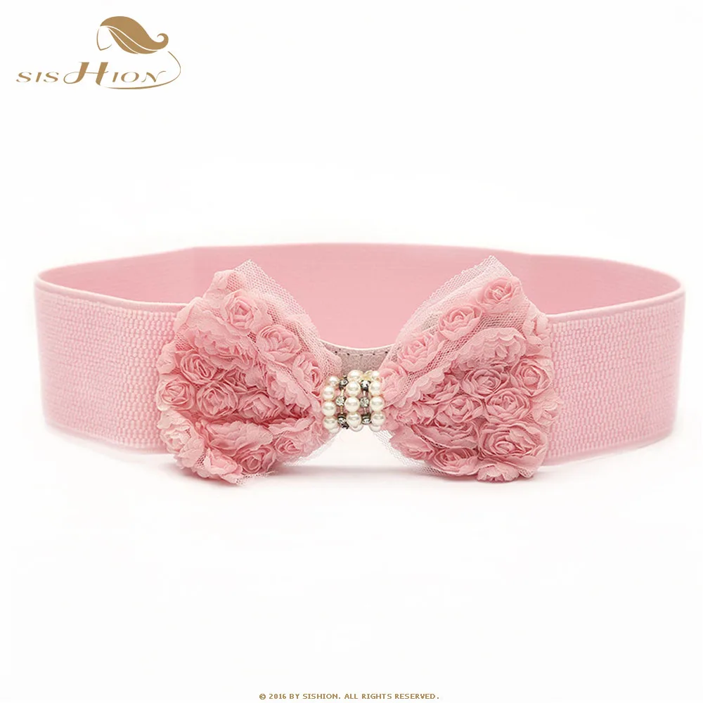 

SISHION new pearl bow corset waist elastic belt female wide rhinestone Black White Pink women belt SP0130