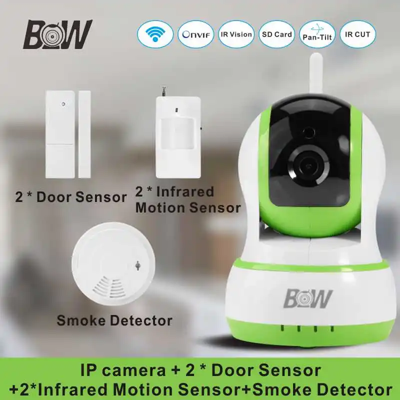 Wireless Surveillance Camera +2 Door Sensor +2 Infrared Motion Sensor +Smoke Detector PTZ P2P