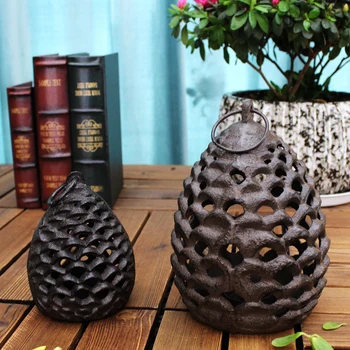 

Vintage Black Hollow Pine Cone Design Cast Iron Home Decor Candle Holder Lantern Set