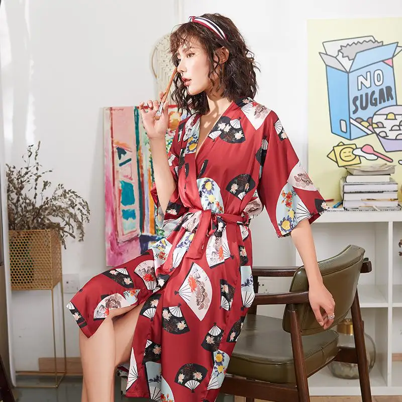 Летний Повседневный женский халат из искусственного шелка; Mujer Pijama; Длинная свободная одежда для сна; Новинка; ночная рубашка с принтом; кимоно; халат - Цвет: Color 3