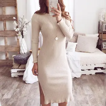

Sexy Bandage Knitted Sweater Elegant Vintage Dress O-neck Long Dresses Bodycon