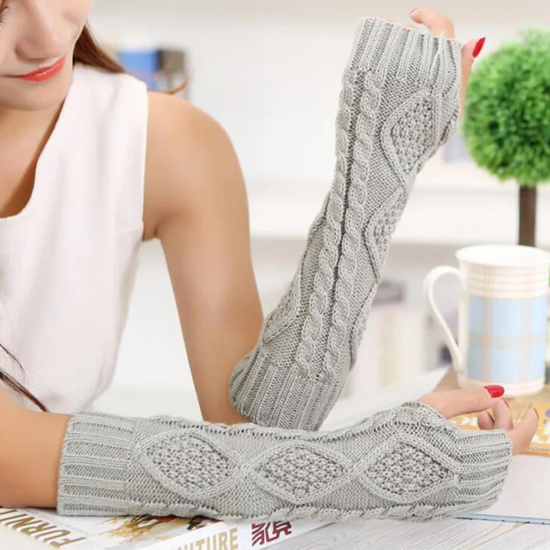 

Long Section 30cm Autumn Winter Ladies Wool Knitting Rhombic Fingerless Sleeve Women Half Finger Warm Exposed Fingers Gloves L89
