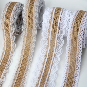

10 Meters Width 6.5CM Natural Jute Burlap Hessian White Lace Ribbon Roll Vintage rustic Wedding Party DIY Decoration
